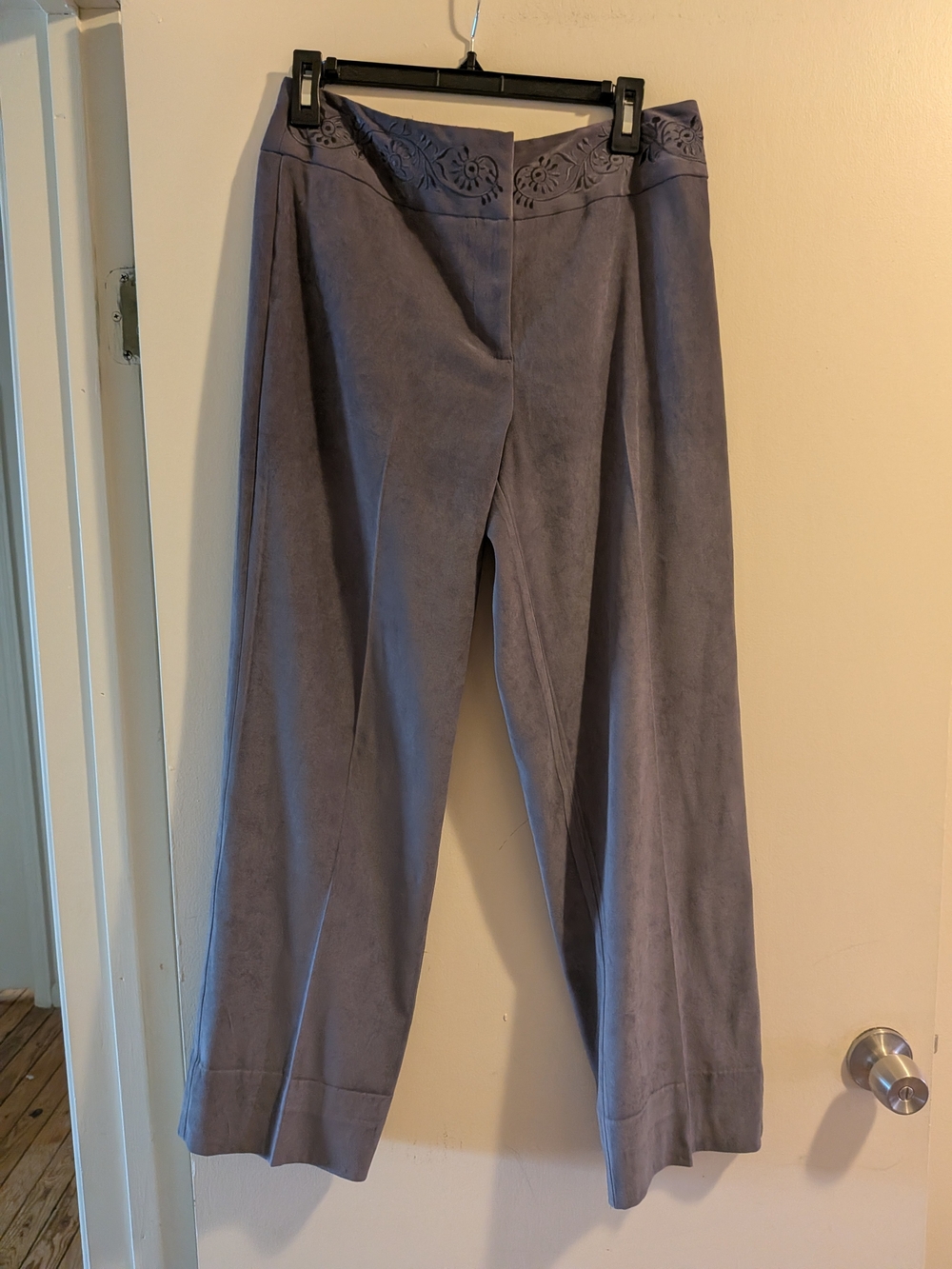 dressbarn Wide-Leg Pants in Charcoal Gray With Floral Embroidered Waist